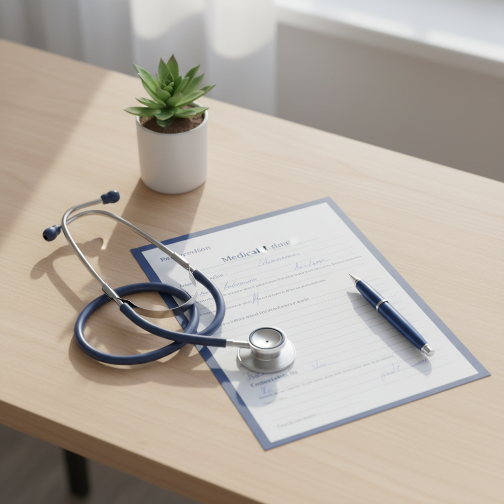 Bureau d'un médecin : stéthoscope, ordonnance et stylo